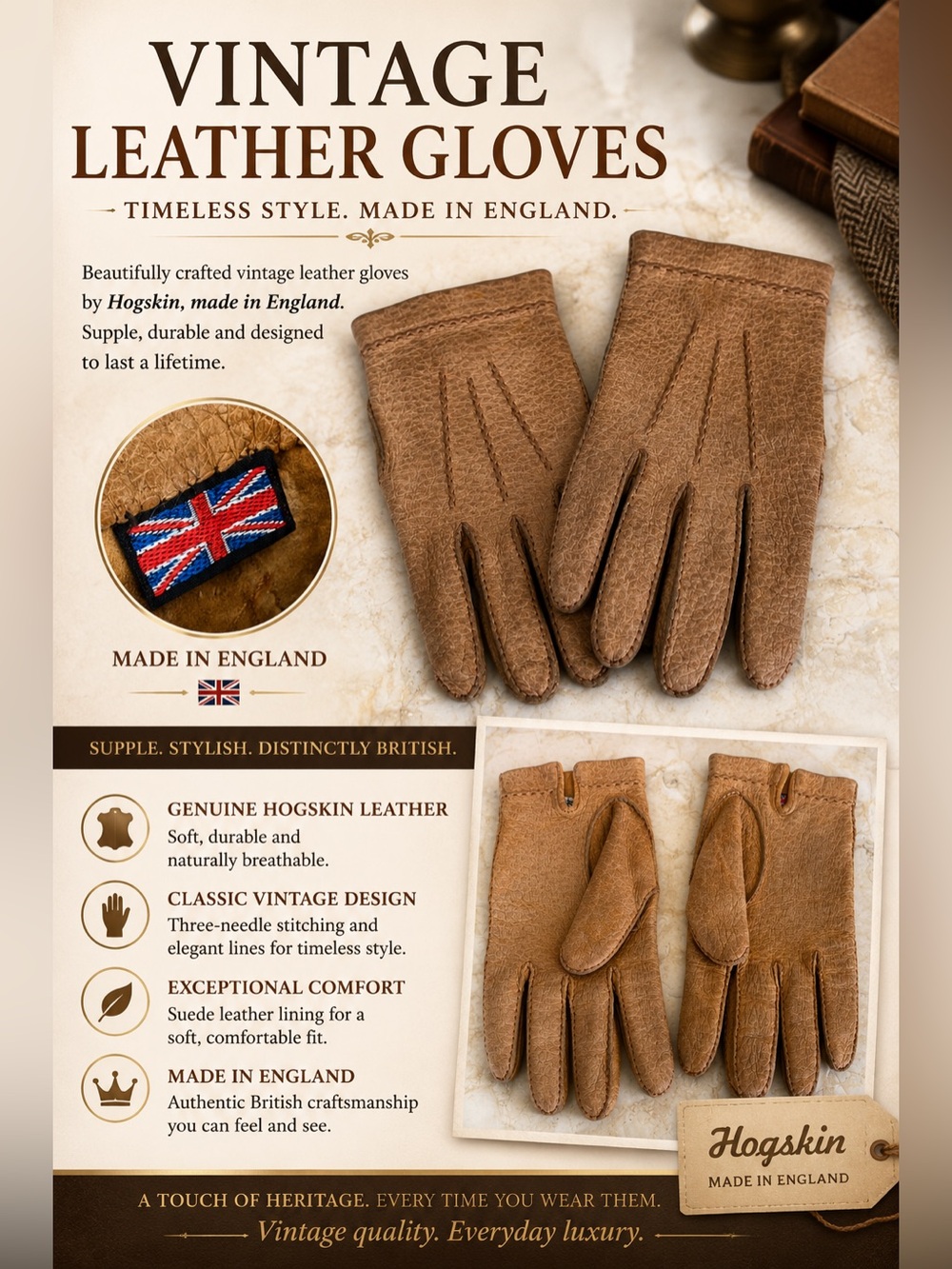 Vintage Hogskin Leather Men’s Gloves – Made in England